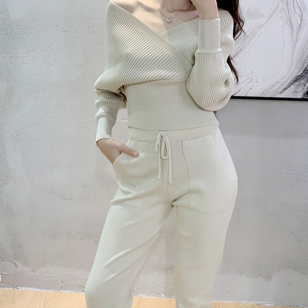 Ensemble pull croisé et jogging côtelé pour femme - Ilona