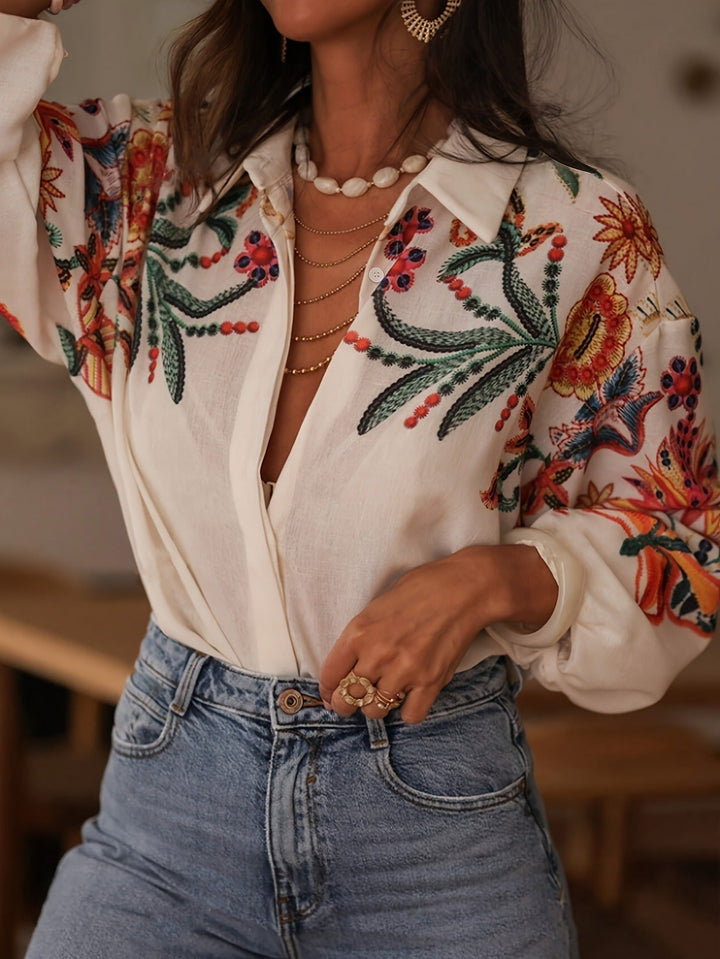 Chemisier féminin en coton avec broderie florale style bohème - Almudena