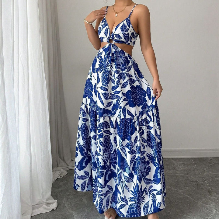 Robe longue pour femme, imprimé floral, bretelles découpées - Moenia