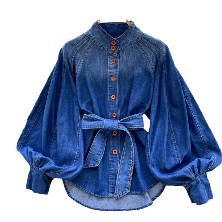Chemisier en denim à manches bouffantes et ceinture pour femme - Elara