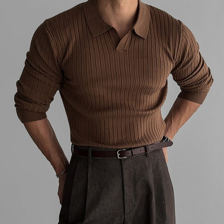 Pull homme en maille côtelée, col polo, coupe cintrée - Bruno