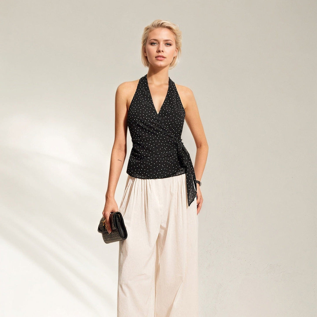 Top sans manches en mousseline de soie à pois noués pour femme - Joana