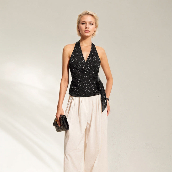 Top sans manches en mousseline de soie à pois noués pour femme - Joana