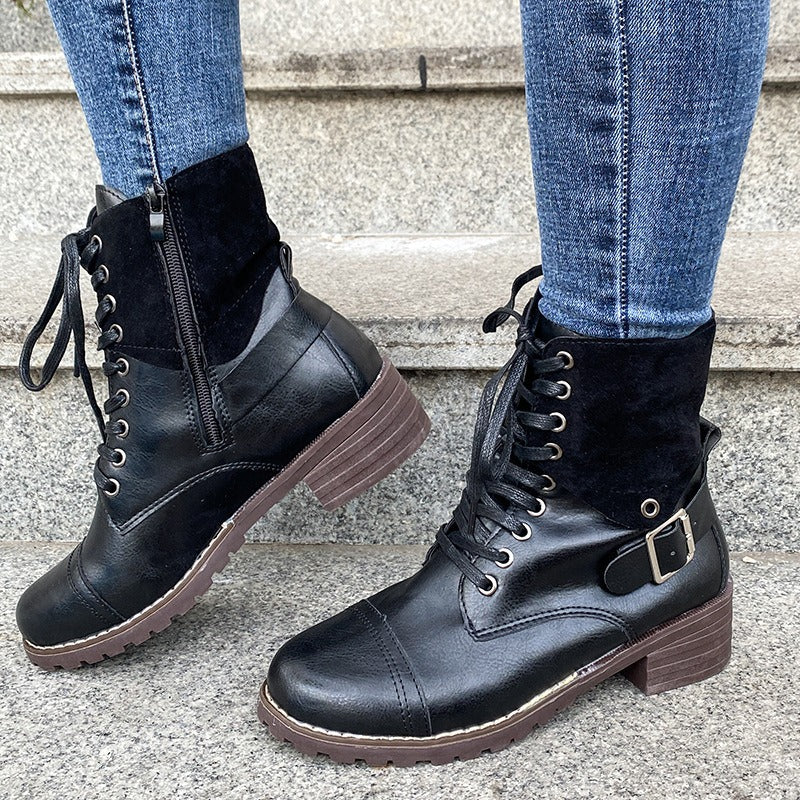 Bottines pour femmes en cuir synthétique avec lacets de style militaire - Estela