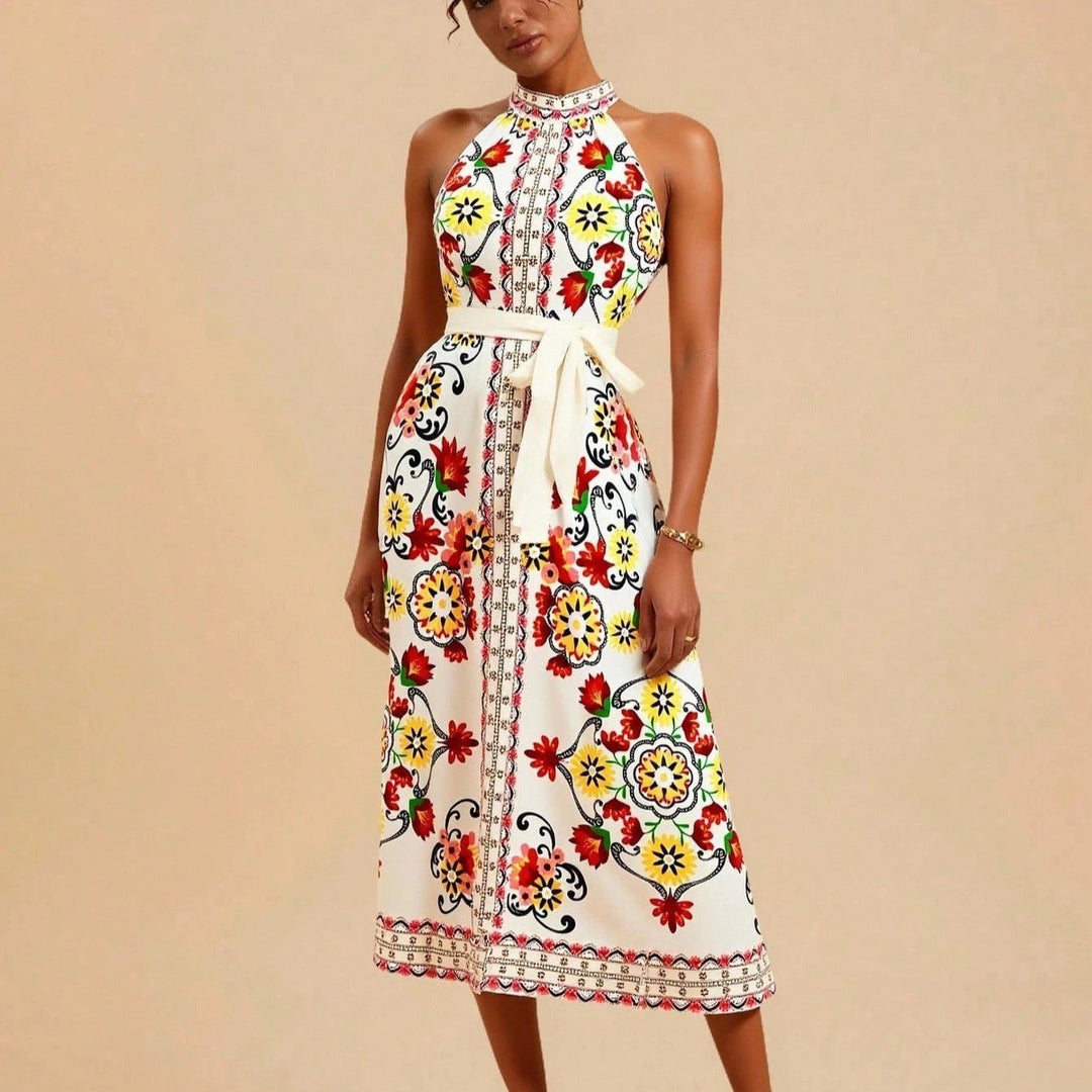 Robe midi sans manches à col licou et imprimé floral pour femme - Carmela