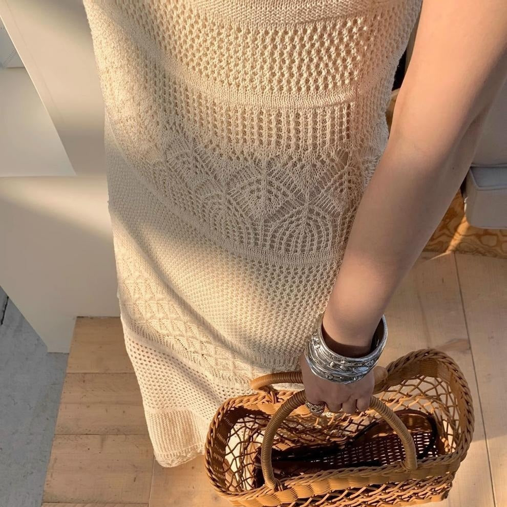 Robe longue en maille ajourée à fines bretelles pour femme - Amandine