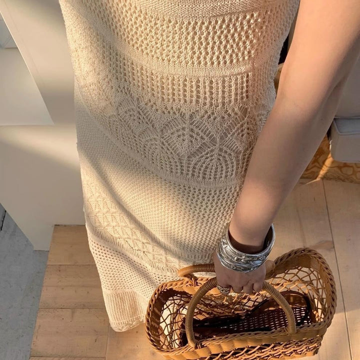Robe longue en maille ajourée à fines bretelles pour femme - Amandine