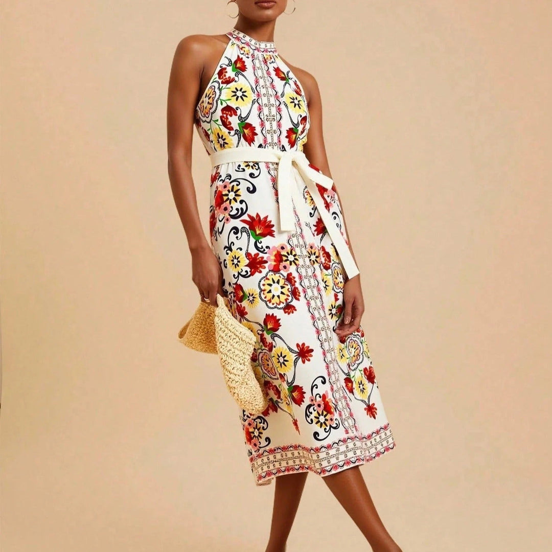 Robe midi sans manches à col licou et imprimé floral pour femme - Carmela