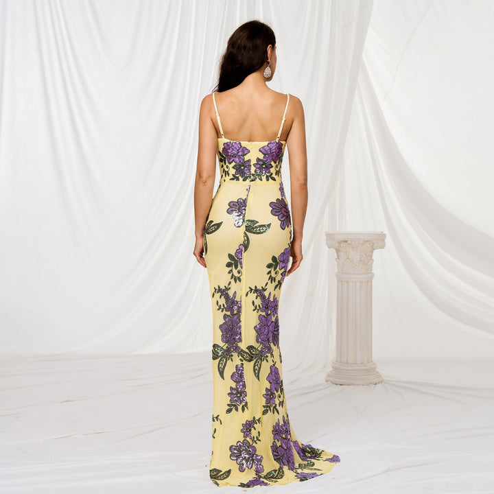 Robe longue à paillettes pour femme, imprimé floral, coupe ajustée - Fabiana