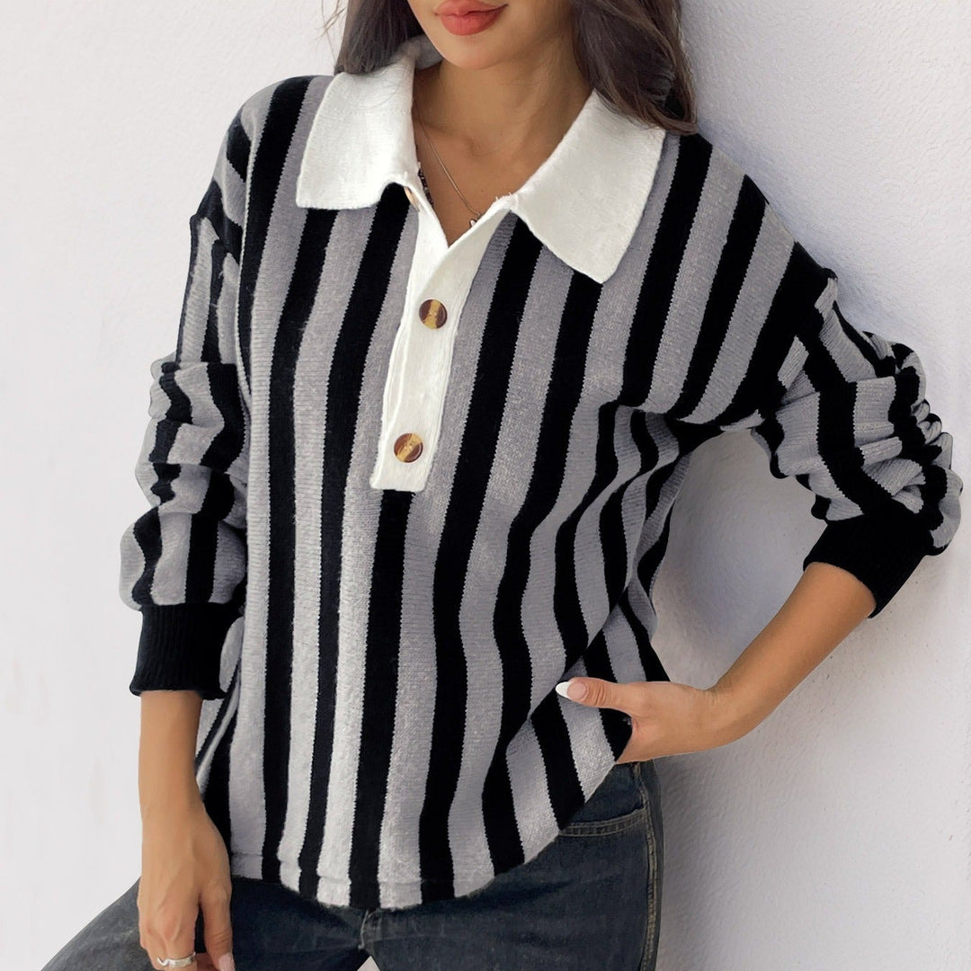 Pull col polo à rayures verticales pour femmes - Mirea