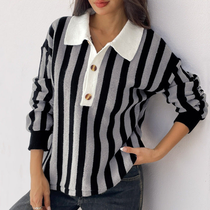 Pull col polo à rayures verticales pour femmes - Mirea