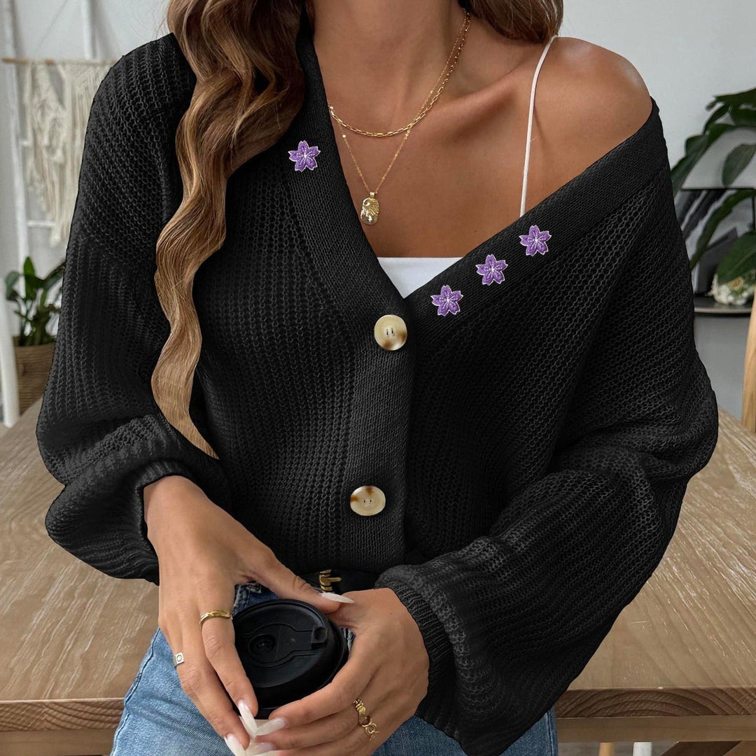Cardigan à manches bouffantes brodé de fleurs à col en V pour femmes - Minerva
