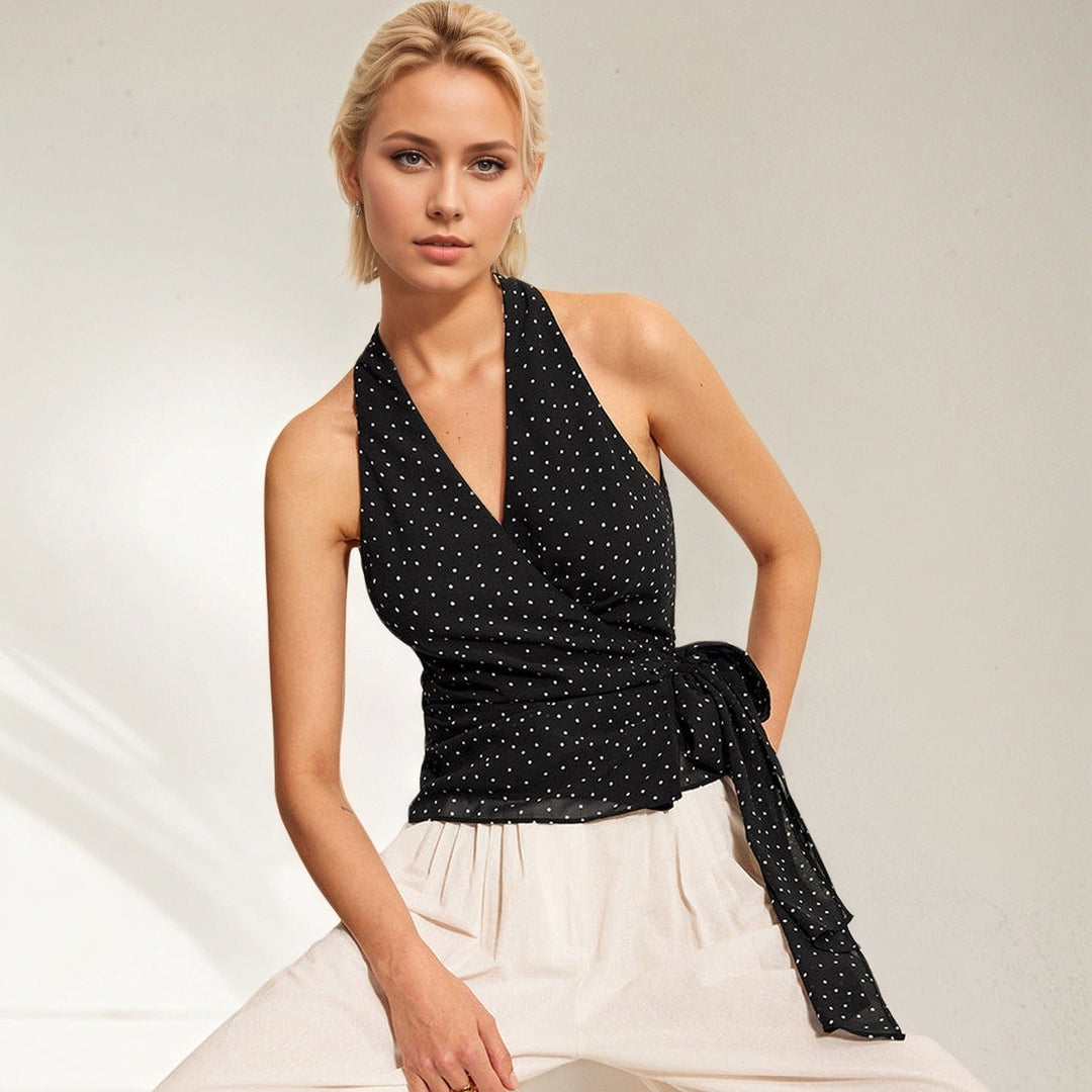 Top sans manches en mousseline de soie à pois noués pour femme - Joana