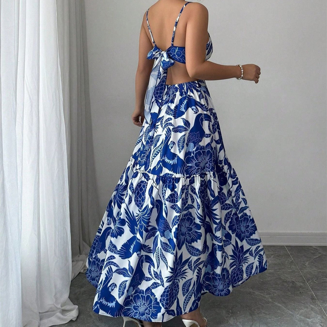 Robe longue pour femme, imprimé floral, bretelles découpées - Moenia