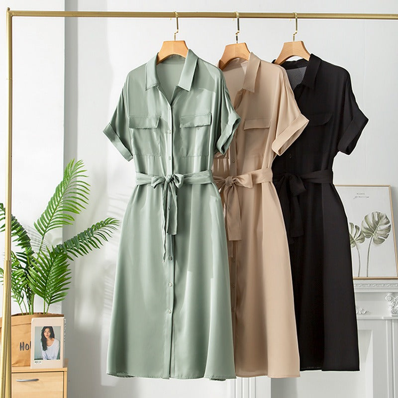 Robe midi en satin pour femme avec ceinture chemise - Gabriela