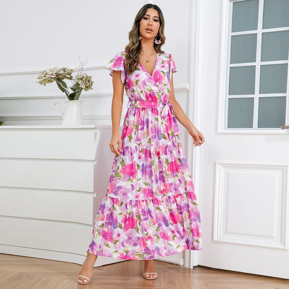 Robe croisée longue et fluide à fleurs pour femmes - Zulma