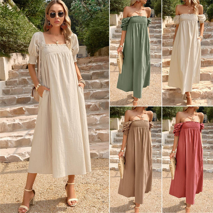 Robe longue pour femme, encolure bardot en nid d'abeille, style bohème - Daphne