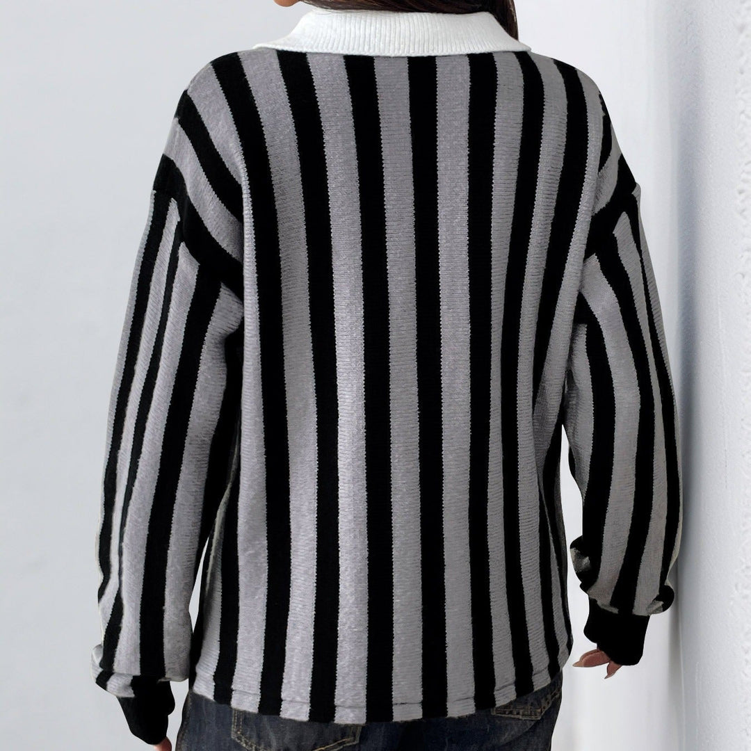 Pull col polo à rayures verticales pour femmes - Mirea