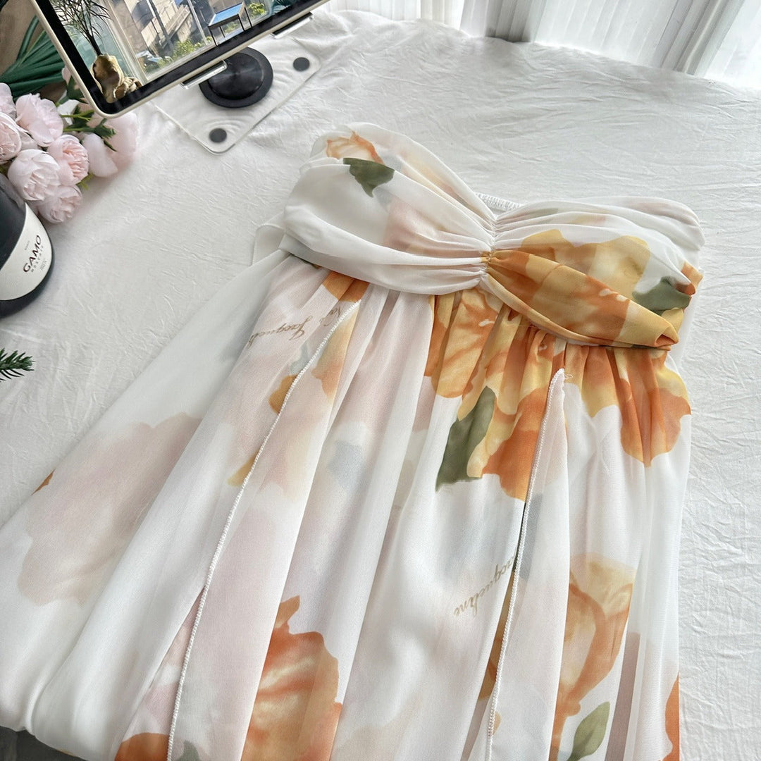 Robe longue pour femme en mousseline de soie à imprimé floral et dos ouvert - Camille