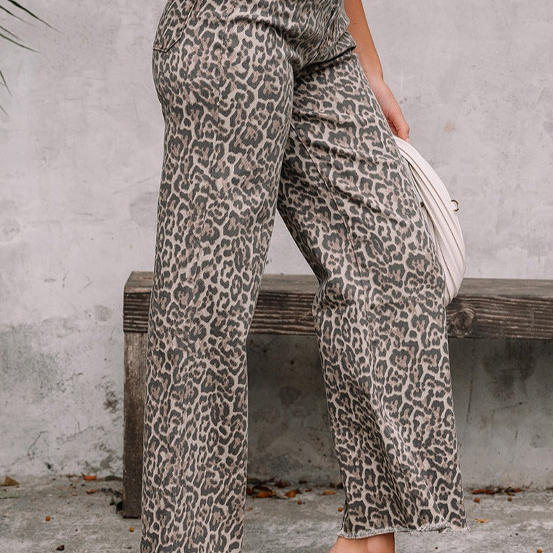 Pantalon à taille haute à imprimé animalier et coupe droite pour femmes - Nadine