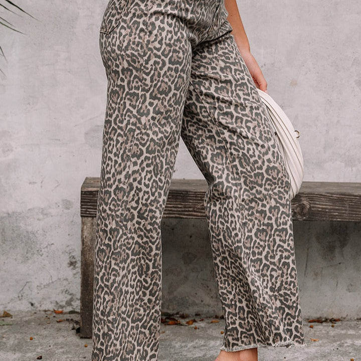 Pantalon à taille haute à imprimé animalier et coupe droite pour femmes - Nadine