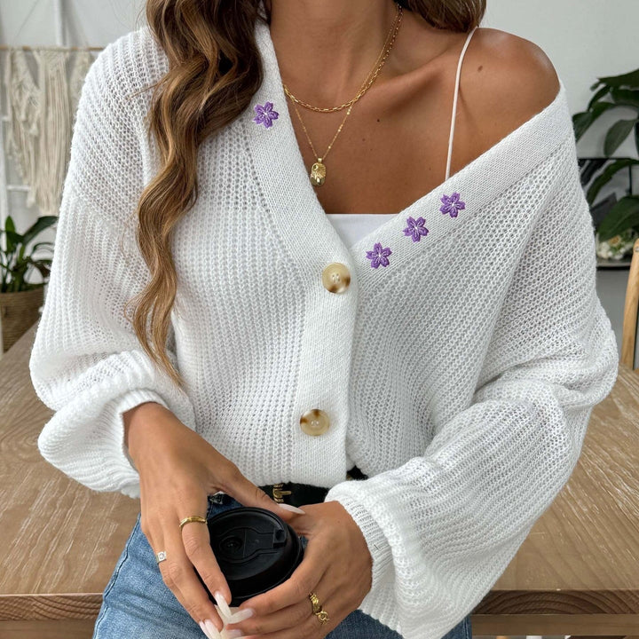 Cardigan à manches bouffantes brodé de fleurs à col en V pour femmes - Minerva