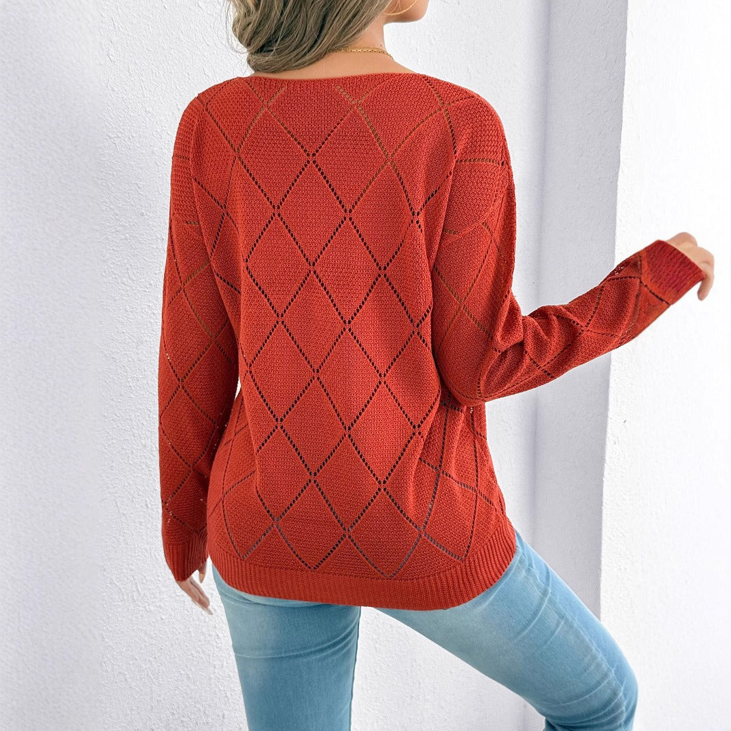Pull ajouré à col en V avec motif de diamants pour femmes - Anette