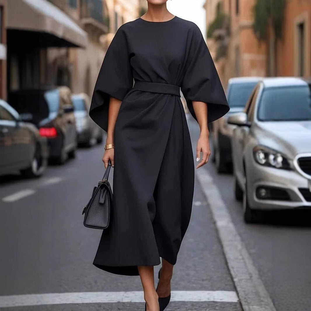 Robe femme manches chauve-souris longue élégante ceinturée - Nekta