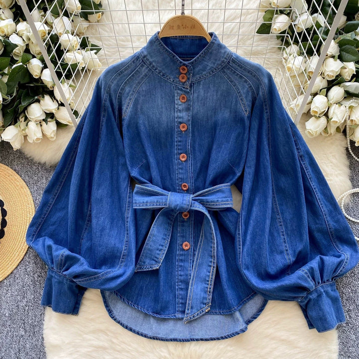 Chemisier en denim à manches bouffantes et ceinture pour femme - Elara