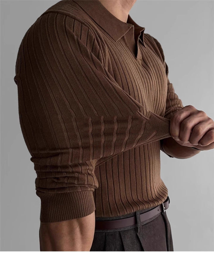 Pull homme en maille côtelée, col polo, coupe cintrée - Bruno