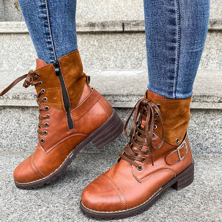 Bottines pour femmes en cuir synthétique avec lacets de style militaire - Estela