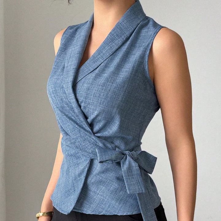 Chemisier croisé en lin sans manches pour femme, style ajusté - Elvira