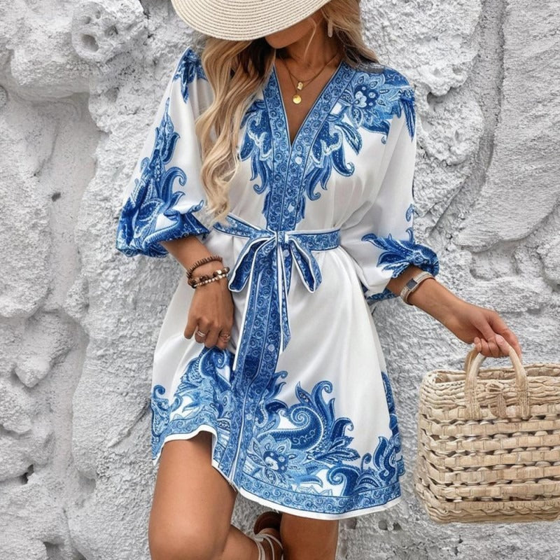 Robe courte en satin pour femme avec imprimé bohème style tunique - Nadine
