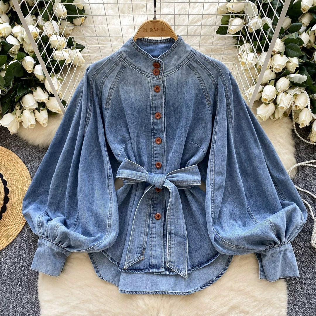 Chemisier en denim à manches bouffantes et ceinture pour femme - Elara