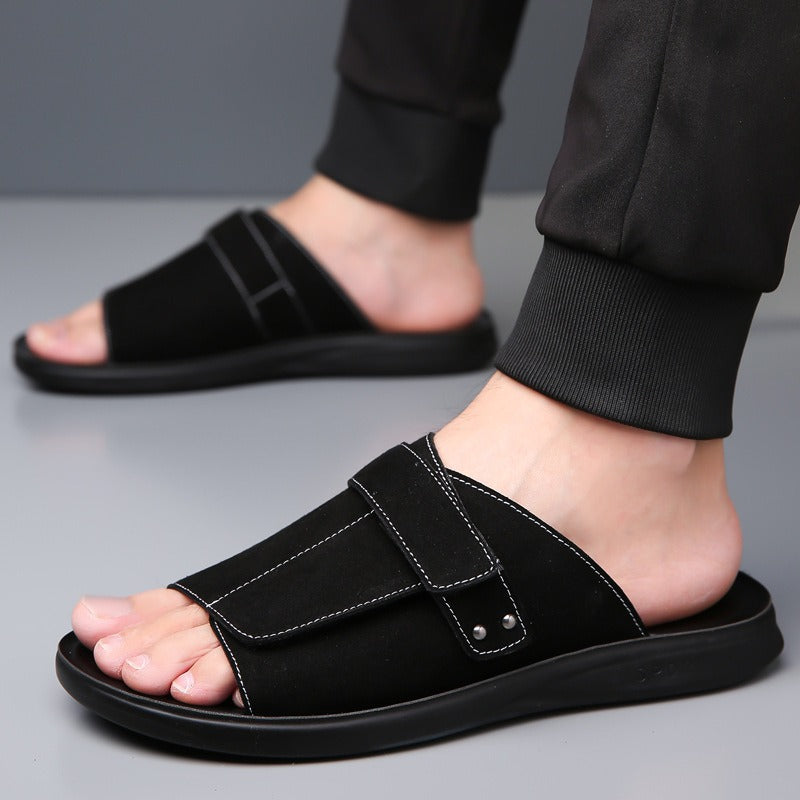 Sandales en croûte de cuir pour hommes, à bout ouvert et à large bride - Jose