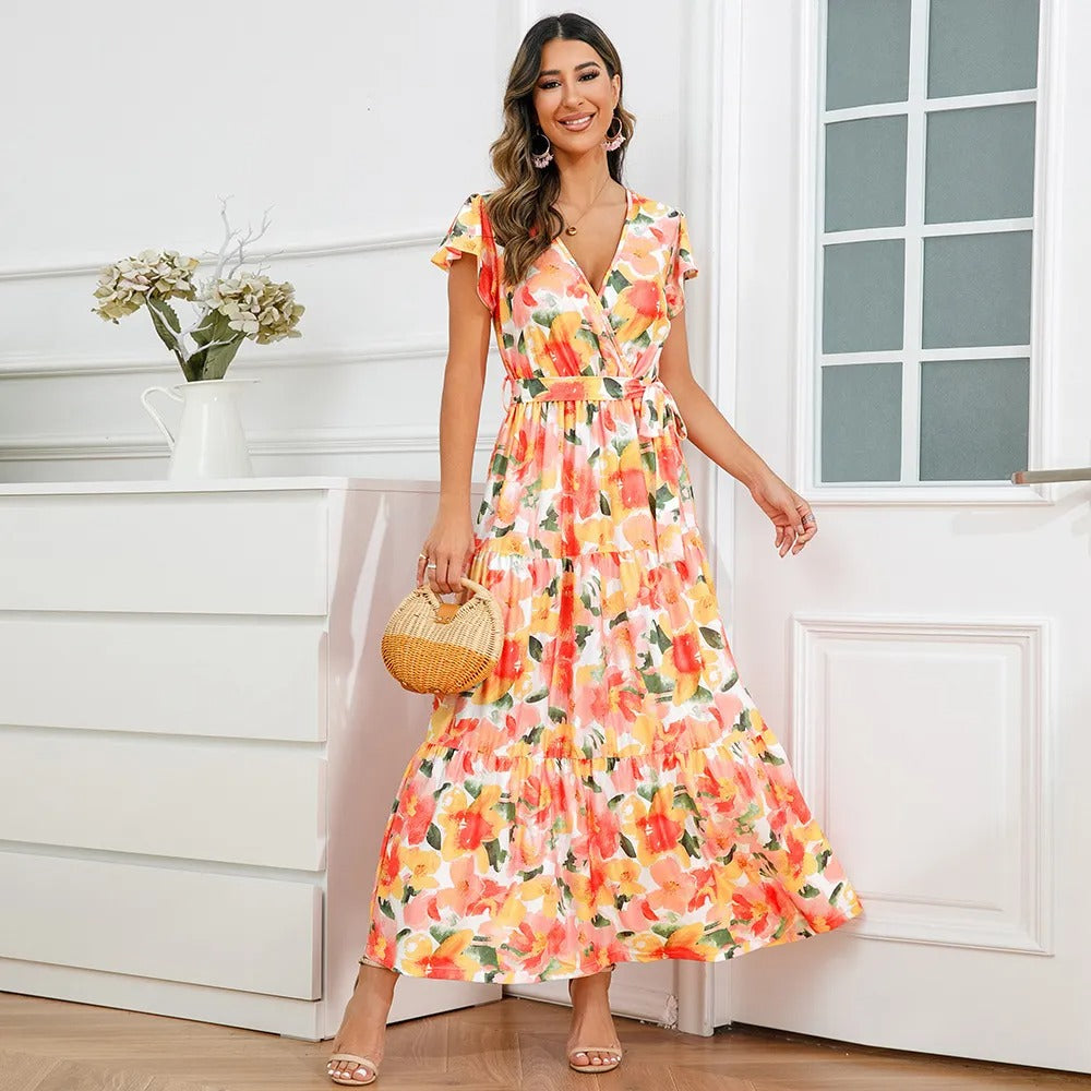 Robe croisée longue et fluide à fleurs pour femmes - Zulma