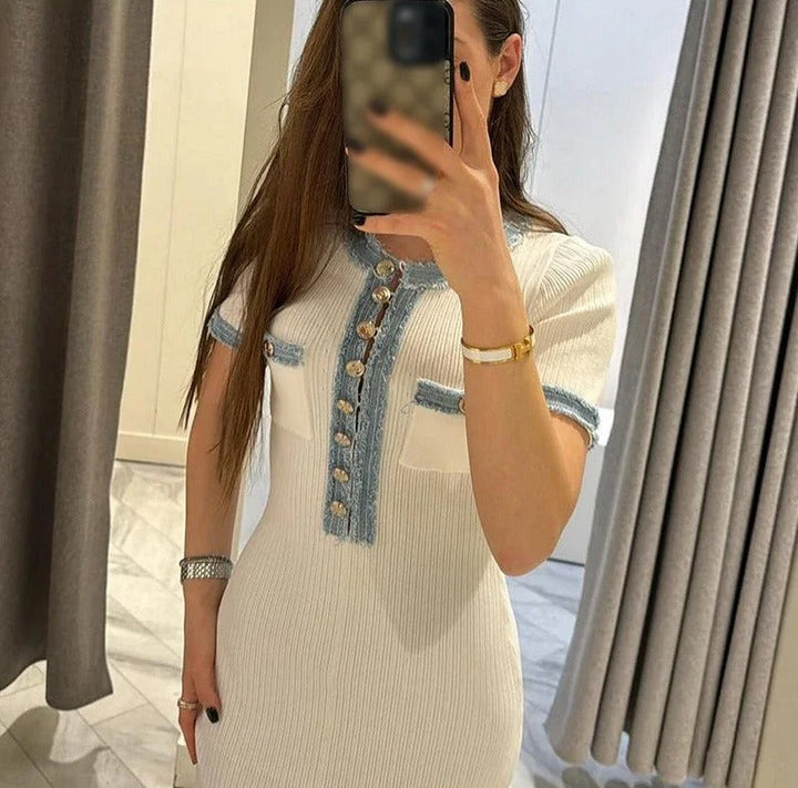 Robe longue pour femme en maille côtelée avec détails en denim - Mariela