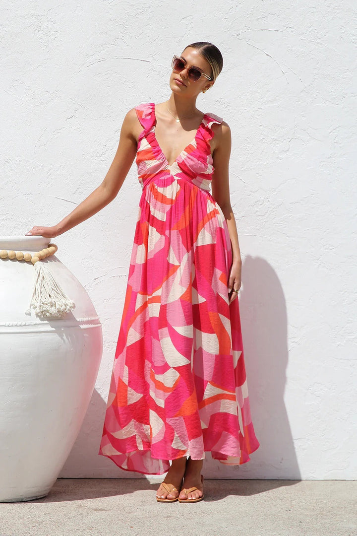 Robe longue femme imprimé abstrait décolleté profond - Dalira