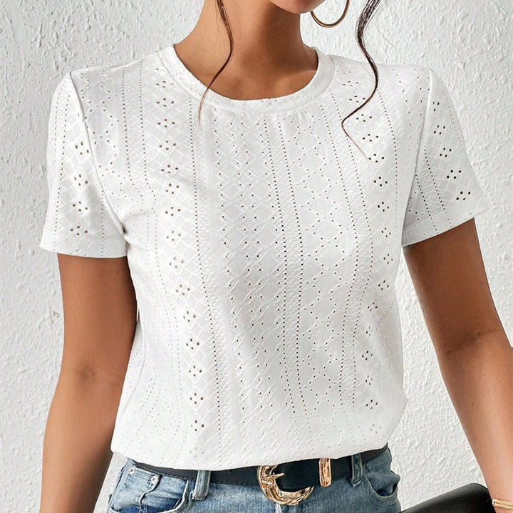T-shirt femme en coton brodé à manches courtes et col rond - Livia