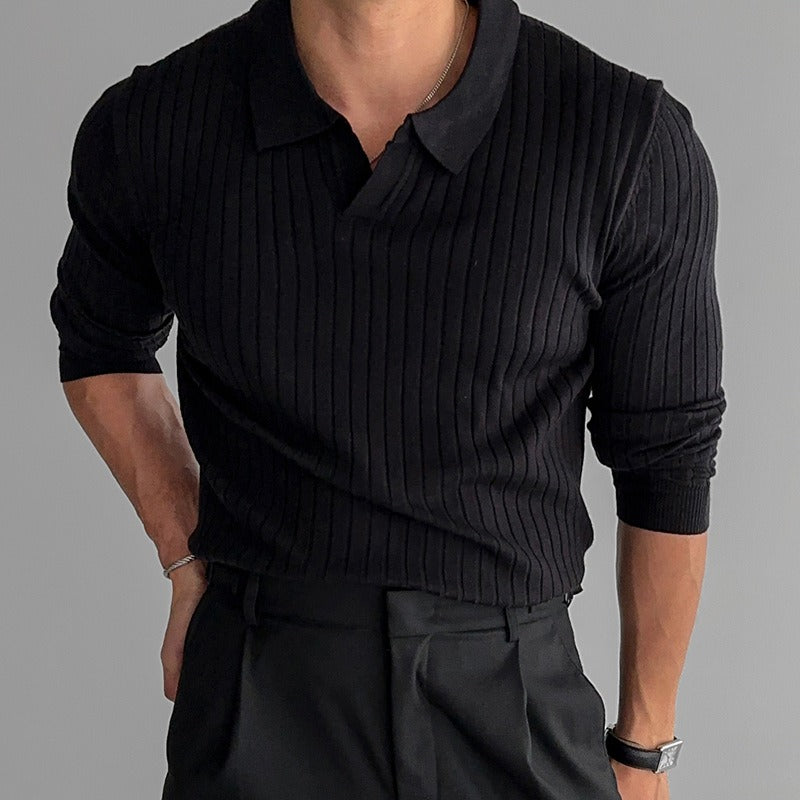 Pull homme en maille côtelée, col polo, coupe cintrée - Bruno