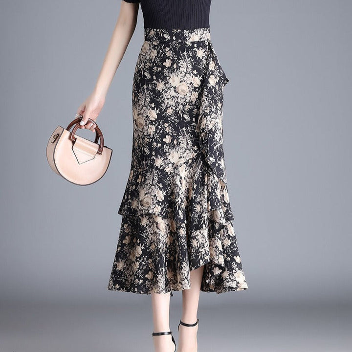 Jupe midi pour femme en mousseline de soie à imprimé animalier avec volants - Renata