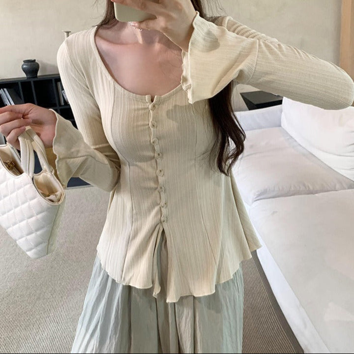 T-shirt manches longues côtelé avec boutons décoratifs pour femmes - Delorean
