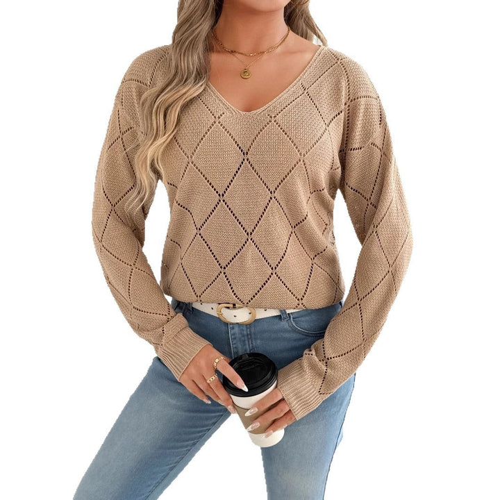 Pull ajouré à col en V avec motif de diamants pour femmes - Anette
