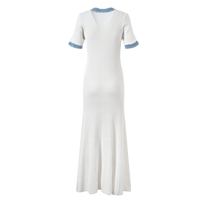 Robe longue pour femme en maille côtelée avec détails en denim - Mariela