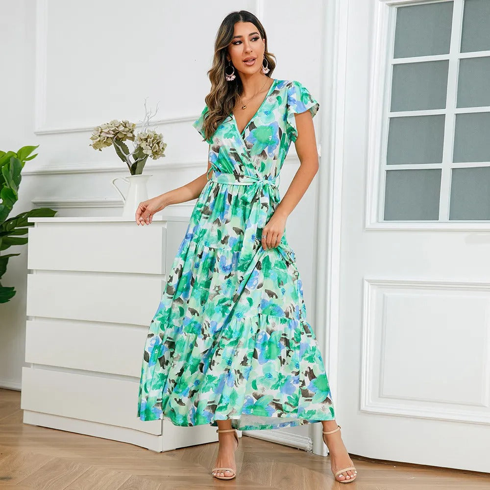 Robe croisée longue et fluide à fleurs pour femmes - Zulma