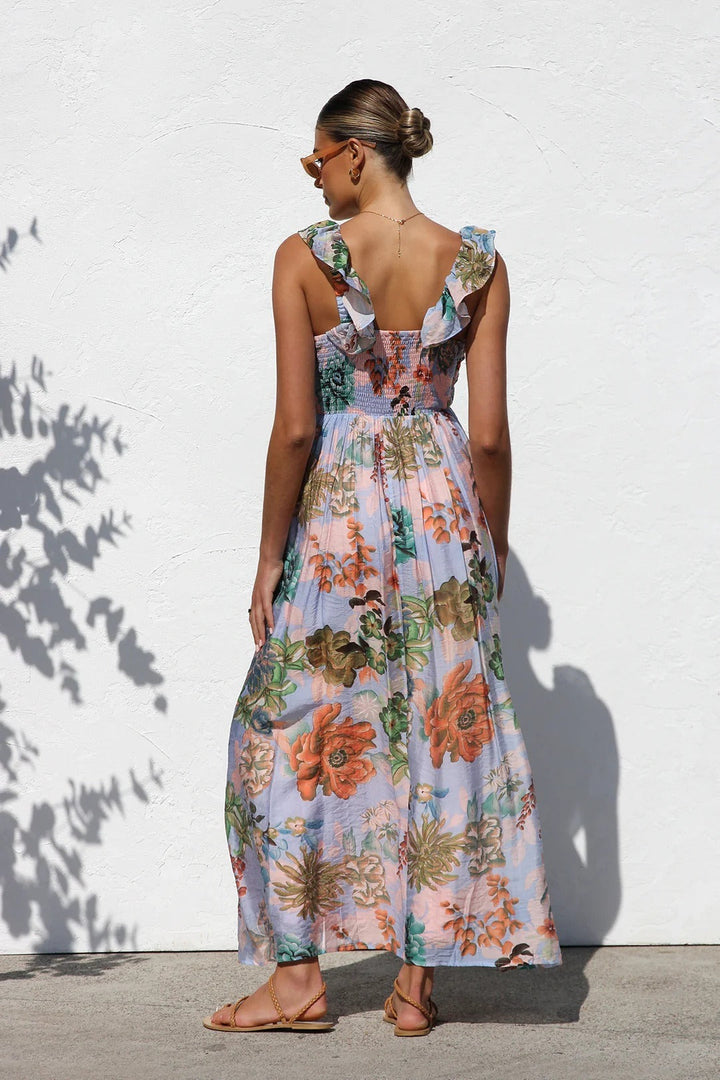 Robe longue femme imprimé abstrait décolleté profond - Dalira