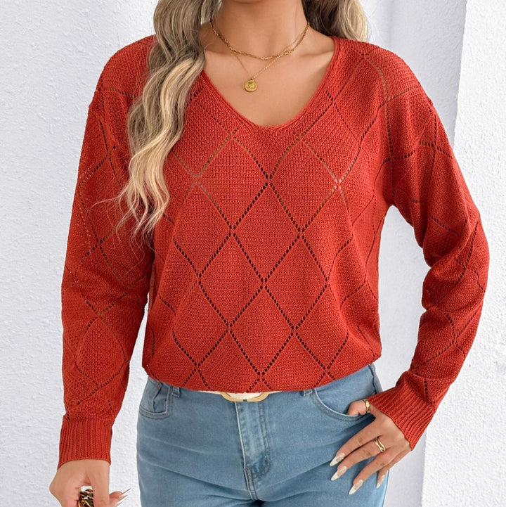 Pull ajouré à col en V avec motif de diamants pour femmes - Anette