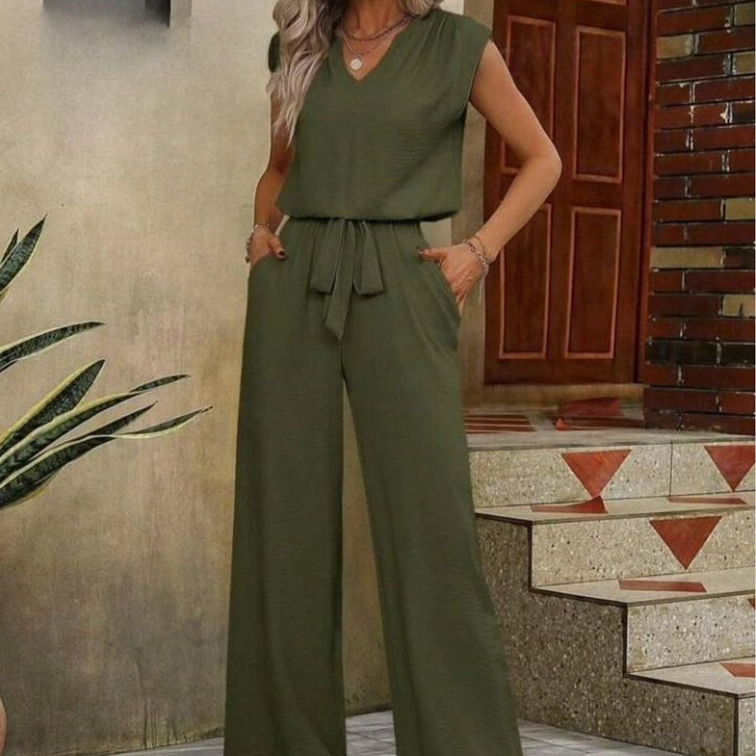 Ensemble sans manches à col en V et pantalon palazzo pour femme - Lorena
