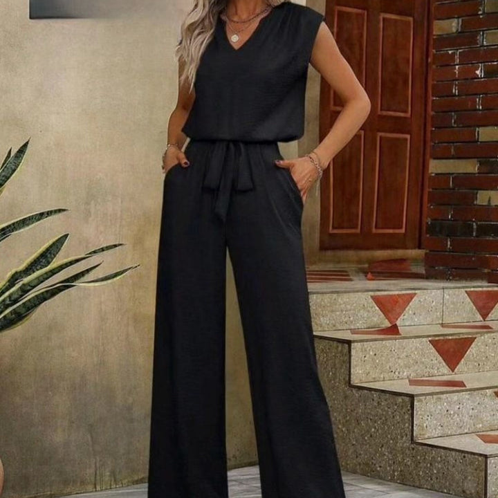 Ensemble sans manches à col en V et pantalon palazzo pour femme - Lorena
