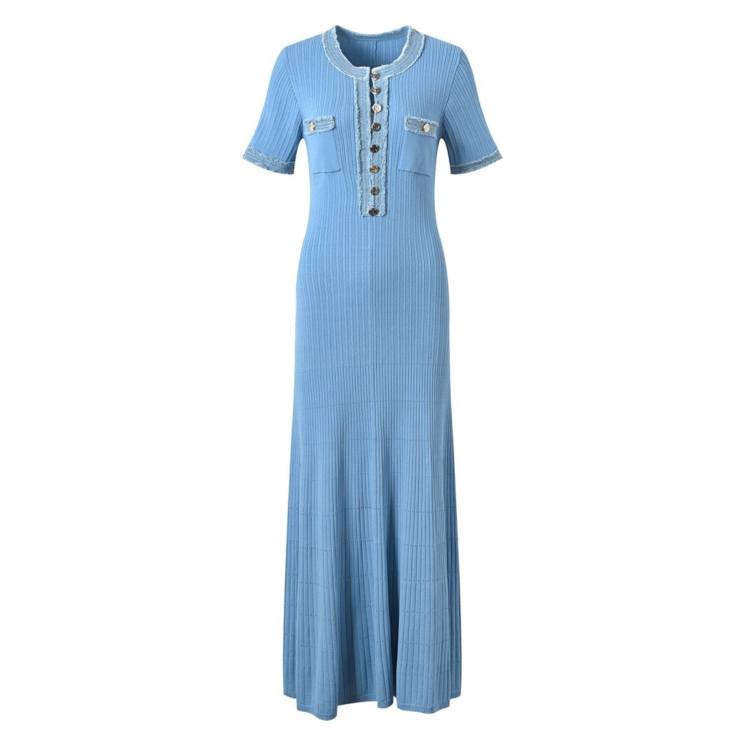 Robe longue pour femme en maille côtelée avec détails en denim - Mariela